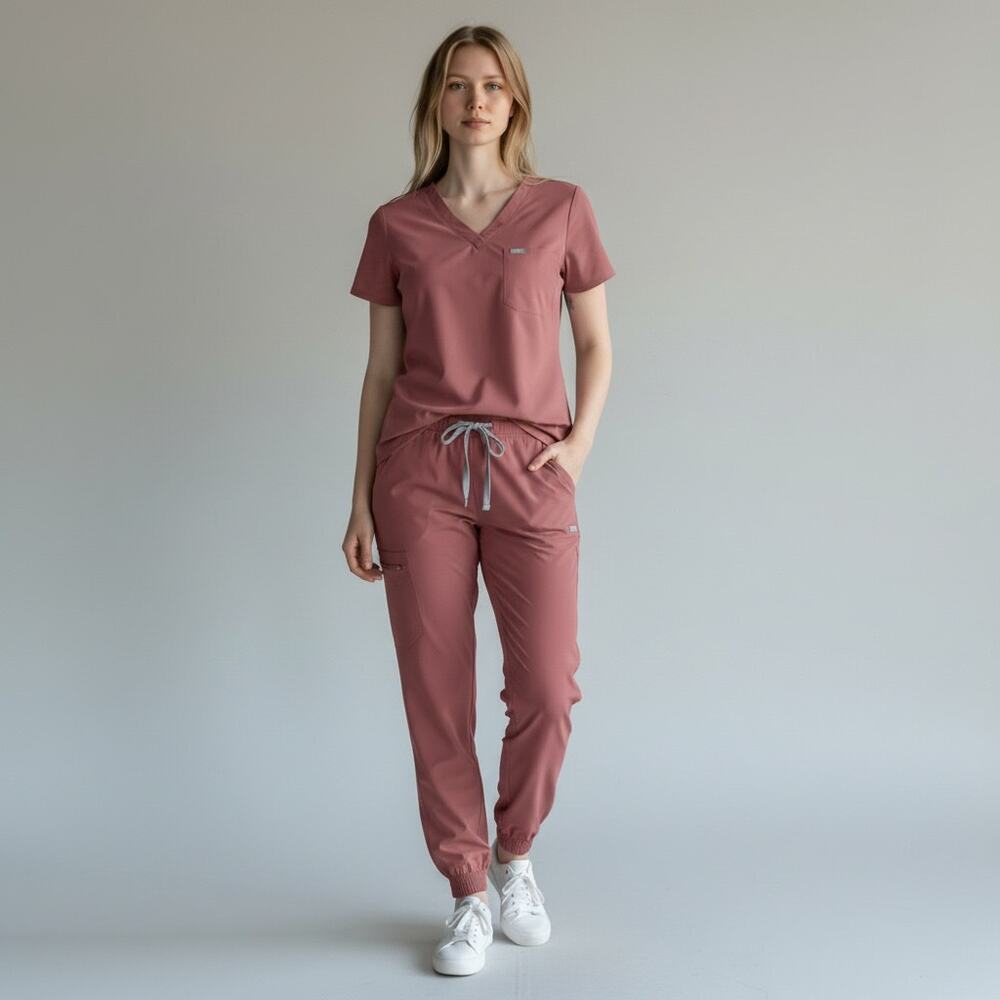 FIGS Catarina Scrub Top + Zamora Jogger Scrub Pants Set Women's Sz M Mauve